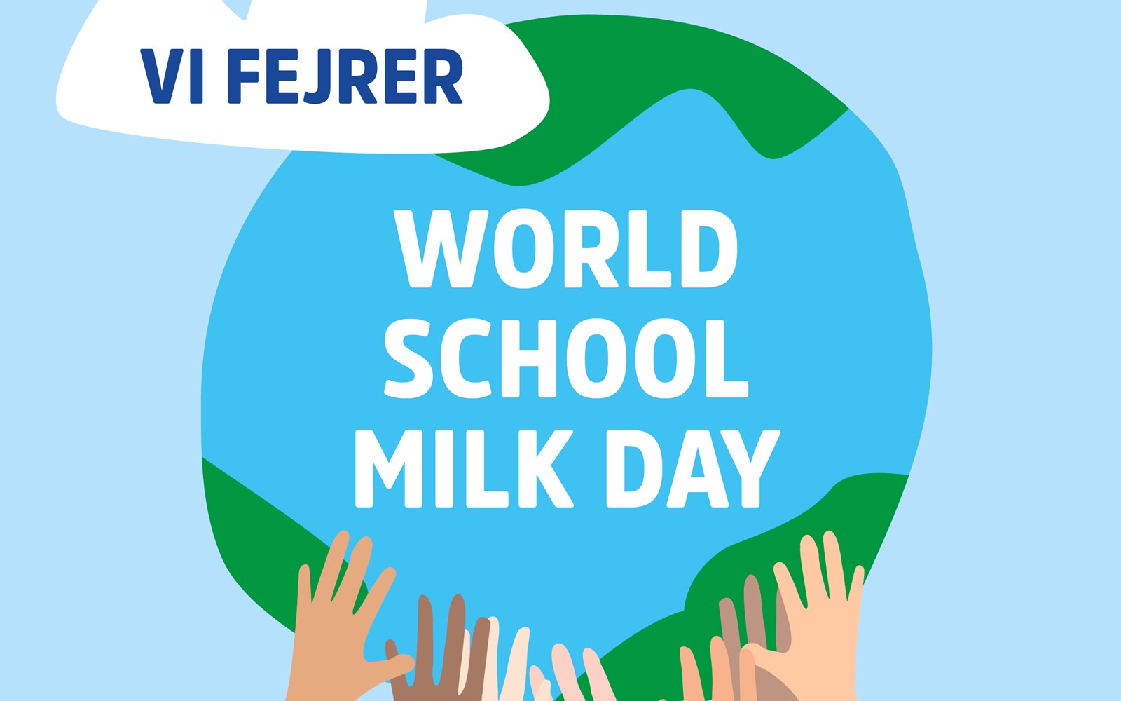Animated hands holding up planet earth with the text 'we are celebrating world school milk day'
