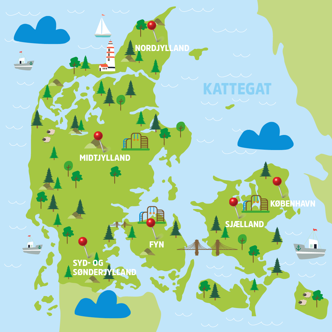 Aminated map of Denmark with pins in the largest cities, trees, and boats in the sea