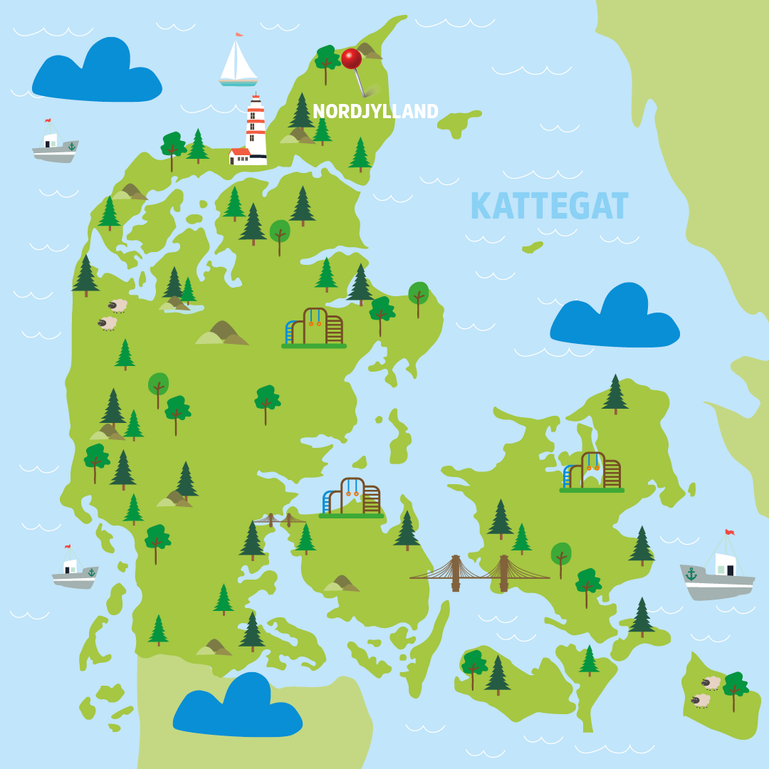 Animated map of Denmark with pins in the largrest cities, trees, and ships in the sea