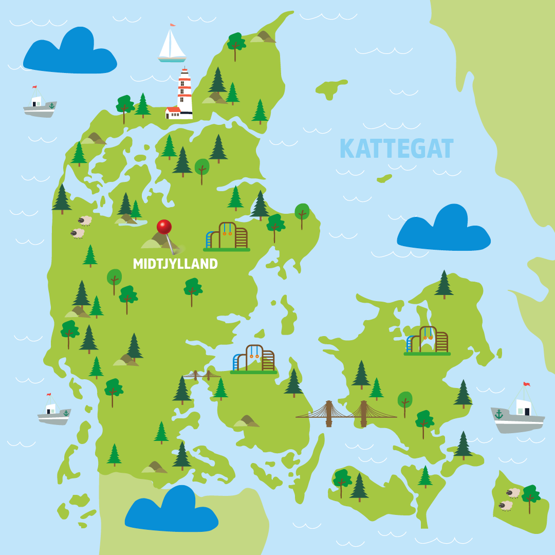 Animated map of Denmark with pins in the largrest cities, trees, and ships in the sea