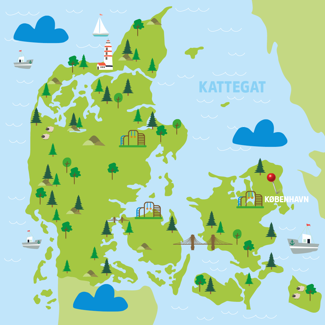 Animated map of Denmark with pins in the largrest cities, trees, and ships in the sea