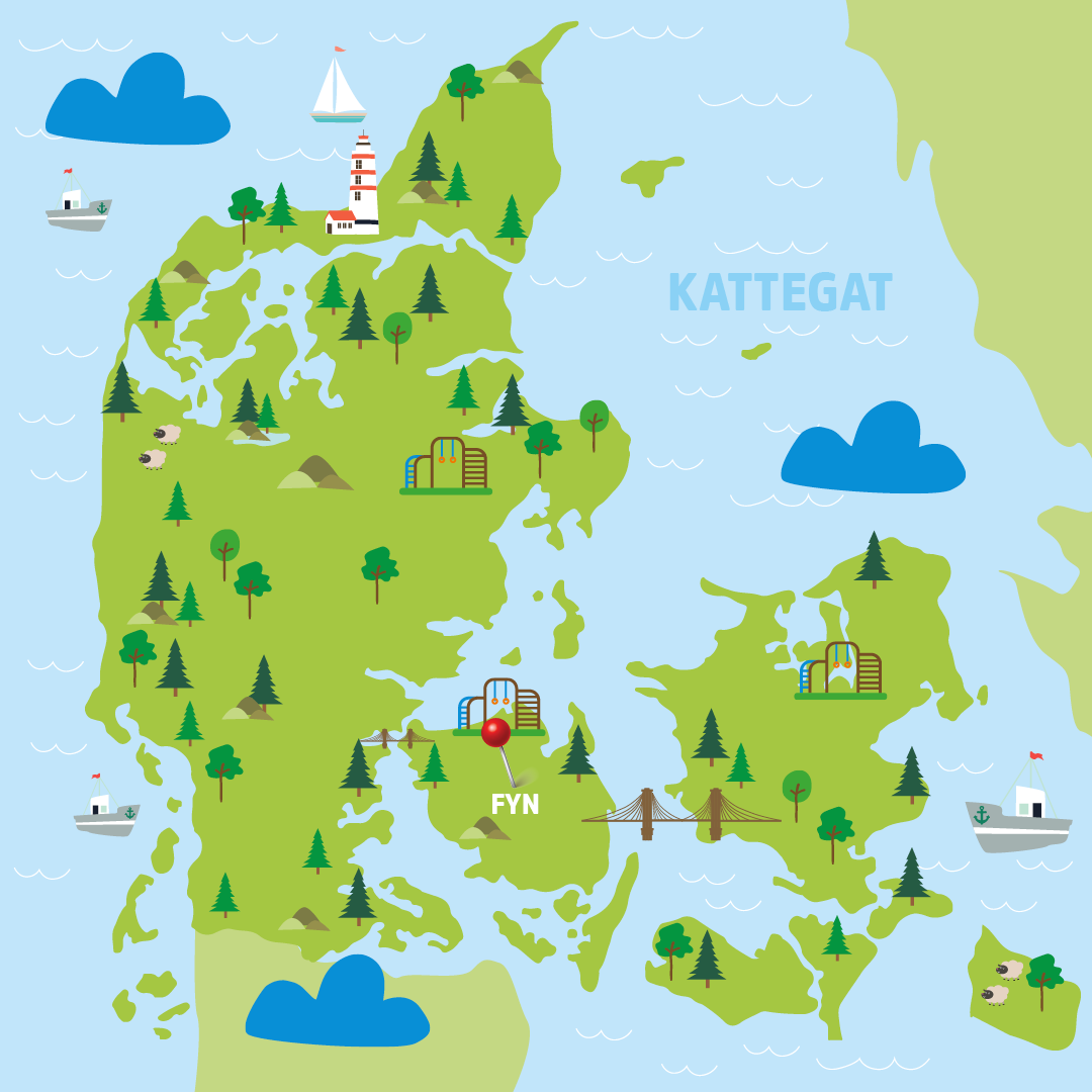 Animated map of Denmark with pins in the largrest cities, trees, and ships in the sea