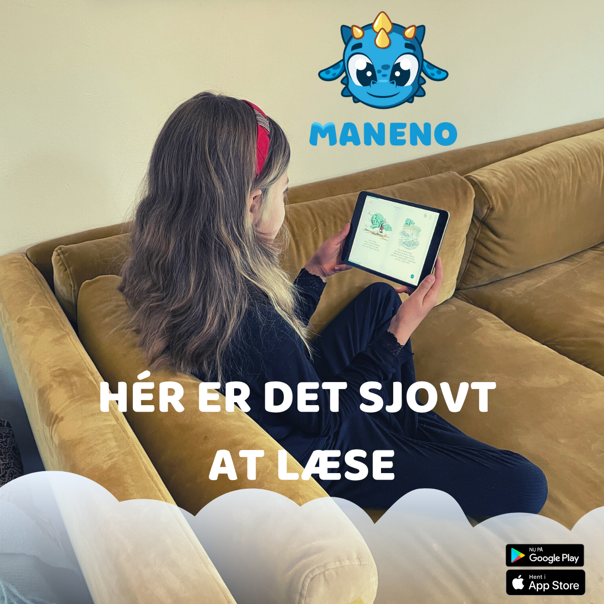 Girl on a couch facing away reading on a tablet, text saying 'here, it is fun to read'