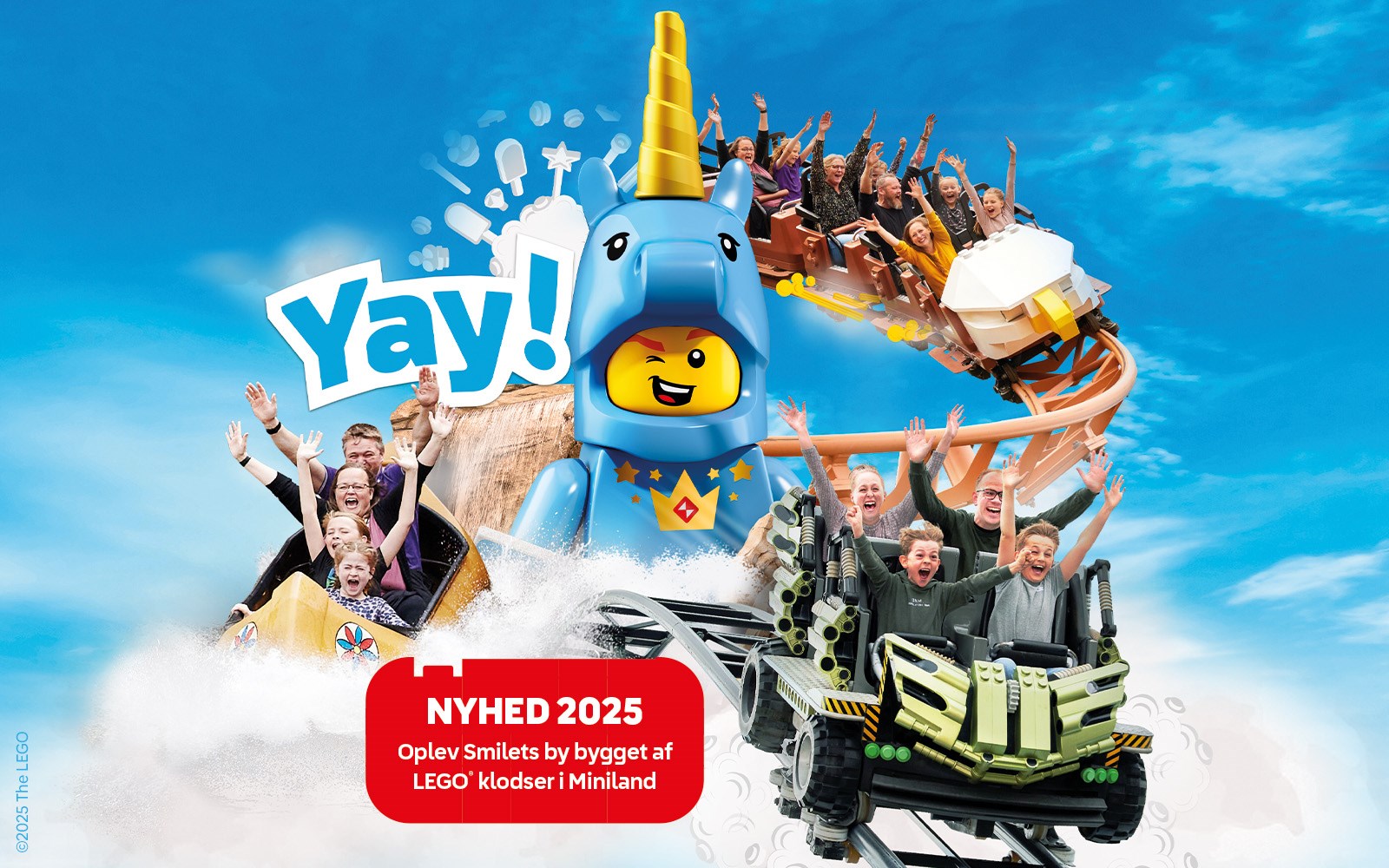 Graphic from LEGOLAND featuring rollercoasters, clouds, and a LEGO man